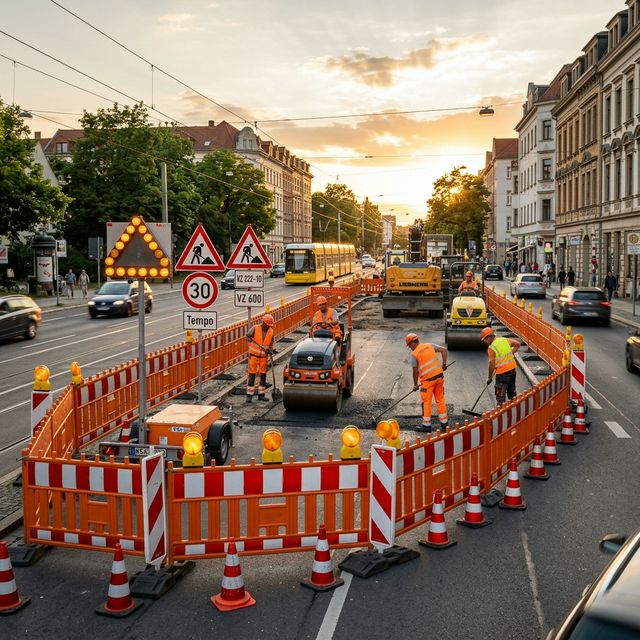 Professionelle Baustellenabsicherung – Absperrbaken, Verkehrszeichen und Warnleuchten an einer Baustelle